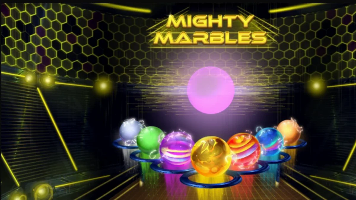 Interface vibrante e neon do slot Mighty Marbles com esferas cósmicas em um grid 7x7