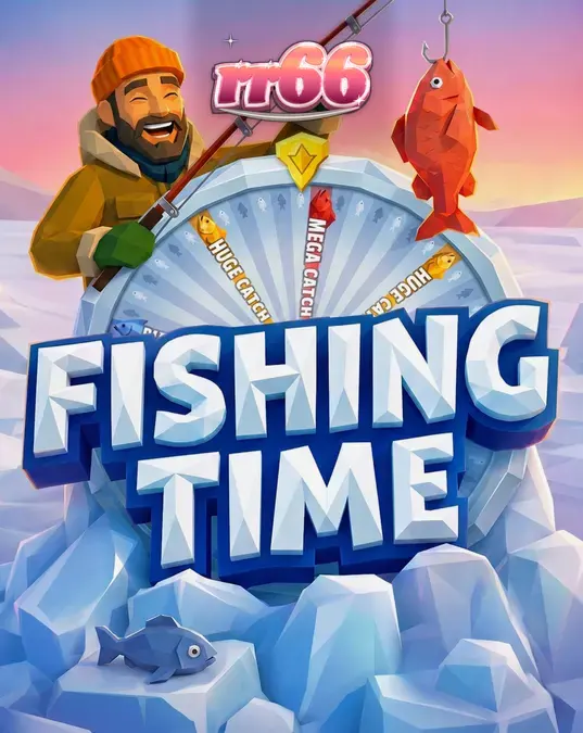 Interface do jogo Fishing Time com roda de bônus e cenário nórdico